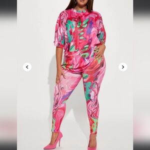 Fashion Nova Pink and Green Swirl Jumpsuit